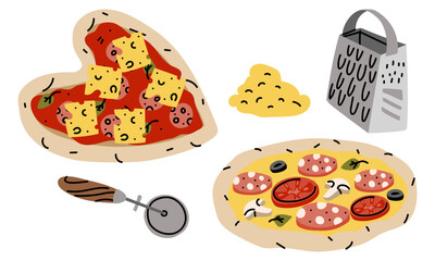 Ready-made heart-shaped pizza, round pizza, grater with grated cheese, pizza knife. Cooking items. Ready-made pizza. Side view. Flat color illustration with doodle lines. Marketing an Italian pizzeria