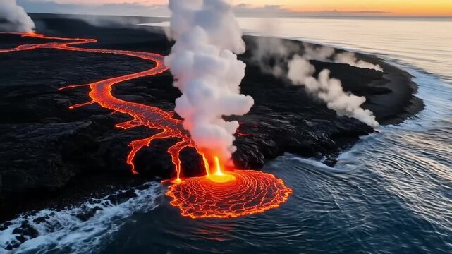Molten Dance: Witness the raw power of nature as fiery lava flows into the sea, creating a spectacular display of earth's forces.
