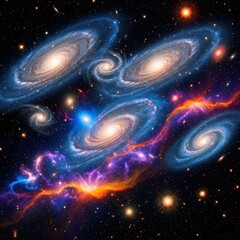 A breathtaking cosmic vista showcasing multiple spiral galaxies, vibrant nebulae, and countless stars in the vast expanse of space.