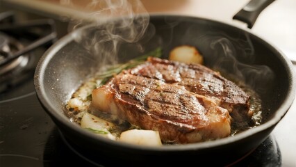 Sizzling Steak Cooking in a Pan with Garlic and Herbs