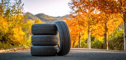 The stack of tires surrounded by vibrant autumn foliage on a quiet road.