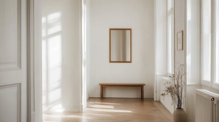 Fototapeta premium Serene hallway with mirror, bench, and dried flowers in vase