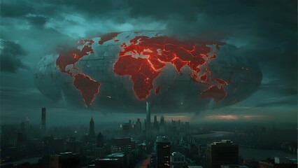 Glowing Red World Map Over Urban Skyline Under Stormy Skies