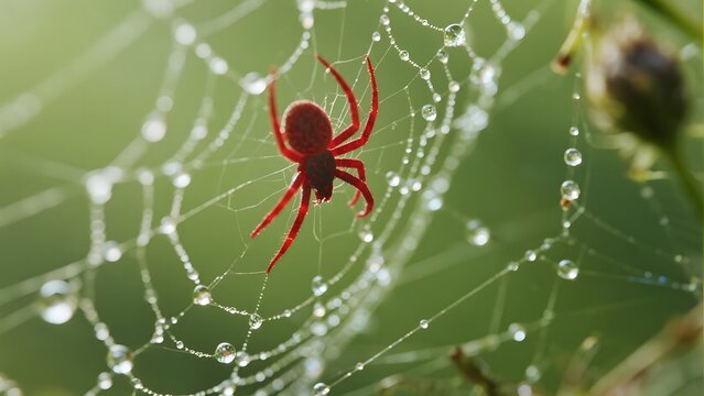 A red spider perches on a dew-covered web against a blurred green background. - Powered by Adobe