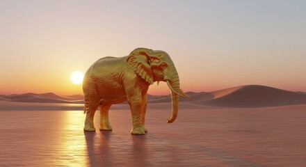 Fototapeta premium Golden elephant standing in desert at sunset with copy space