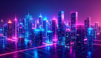 Fototapeta premium Neon Cityscape, Night View, Digital Art