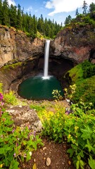 Waterfall cascading into a pool surrounded by greenery