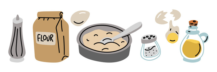 A set of ingredients for making pizza. A salt and pepper shaker, flour, an egg, and olive oil. A plate with dough. Items for making pizza. A flat color illustration with doodle lines. Food products