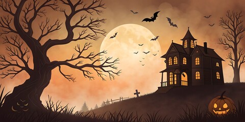 Spooky victorian haunted house silhouetted against a large full moon on halloween night with bats flying