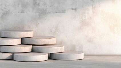 Stacked circular concrete podiums against a distressed concrete wall.