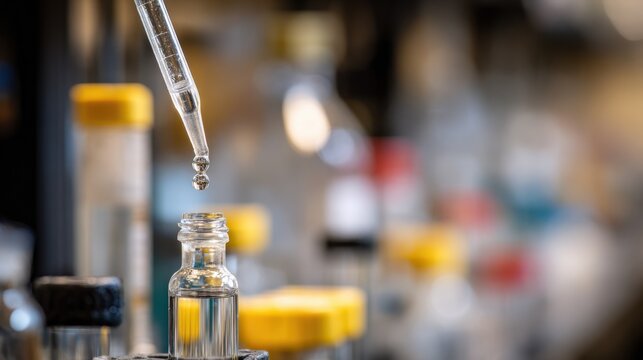 Closeup of a robotic titration setup dispensing reagents precisely the titration vessel sharply focused as the background lab equipment remains softly blurred.