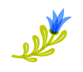 Icon of cornflower in doodle style. Wild flower with green leaves and blue petals. Wildflower, branch of blooming meadow plant. Flat isolated hand drawn vector illustration on white background