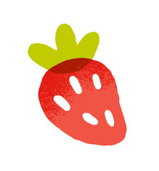 Icon of ripe strawberry in doodle style. Cute red berry with green leaves. Crop of juicy fruit for natural eating. Healthy farm food. Flat isolated hand drawn vector illustration on white background