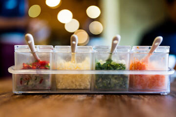 Seasoned side dishes for shabu or sukiyaki at Japan restaurant