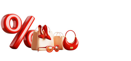 3d shopping bag with red high heel shoes, women handbag, sunglasses, percent sign. Fashion store sale promotion design. Render gift or shop special offer to buy footwear and accessory