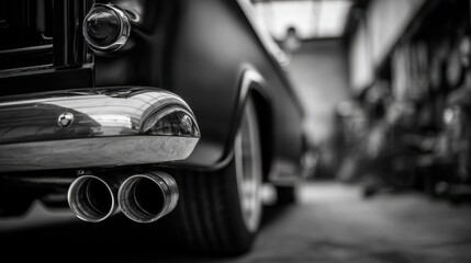Medium shot capturing a custom exhaust installation on a vintage car the tailored pipes in crisp detail contrasting with an outoffocus cluttered garage environment.