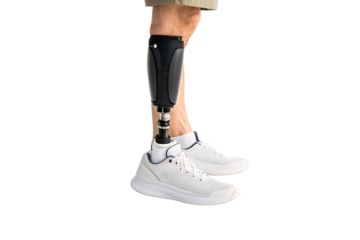 Advanced below-knee prosthetic limb with black carbon fiber socket and white athletic running shoe, isolated on a transparent background