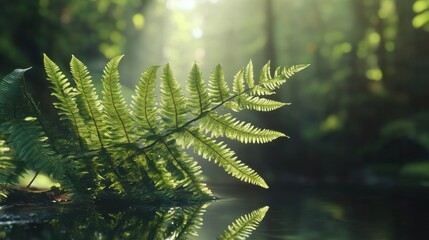 Lush Fern in Sunlight: A detailed close-up shot of a vibrant green fern, its intricate fronds glistening in the warm sunlight, creating a serene and tranquil forest scene.