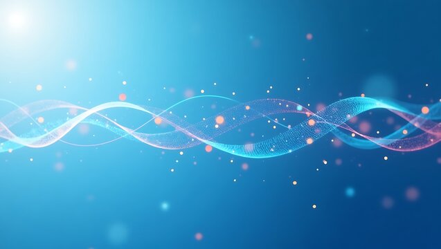 Blue and pink data wave with particles, flowing abstract technology background