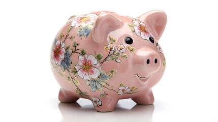 Charming pink piggy bank adorned with a delicate floral pattern on a white background