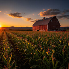 A vibrant sunset illuminates a classic red barn standing majestically amidst a vast, green cornfield with distant mountains.
