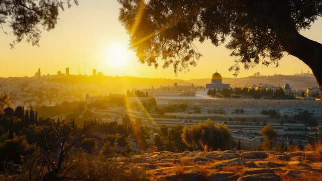 A panoramic view of Jerusalem's cityscape from the Mount of Olives, with the Dome of the Rock and Al-Aqsa Mosque visible in the distance