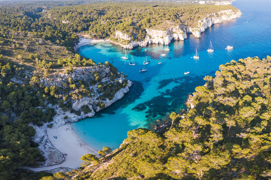Aerial of bay, Cala Macarella, Menorca, Spain