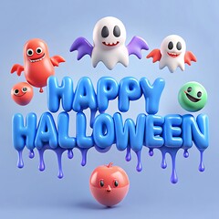 Obraz premium Whimsical 3d happy halloween message with cute cartoon ghosts and pumpkins on a blue background