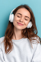 woman with headphones immerses herself in music enjoying warm sunlight on pastel blue background