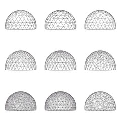 Geodesic dome hemisphere wireframe set, polygon mesh half‑sphere grid icons