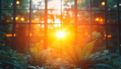 Naklejka premium Golden Sunlight Filtering Through a Greenhouse Window onto Ferns