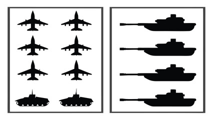 Military aircraft and armored vehicles silhouette jet fighter