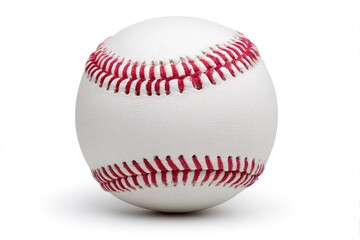 A white baseball with red stitching against a white background