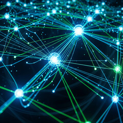 A vibrant digital network with glowing blue and green nodes interconnected by numerous lines, representing data flow and technological complexity.