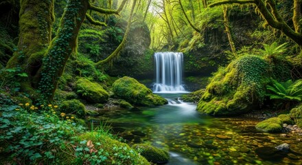 A tranquil waterfall cascades down mossy rocks in a lush, verdant forest, bathed in natural sunlight.