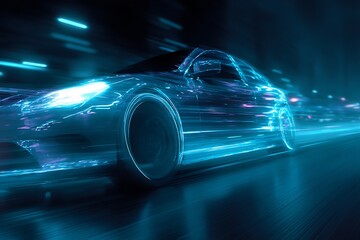 Experience the future of speed with a dynamic, glowing sports car blurring through a neon-lit cityscape at night, showcasing cutting-edge automotive technology and thrilling motion