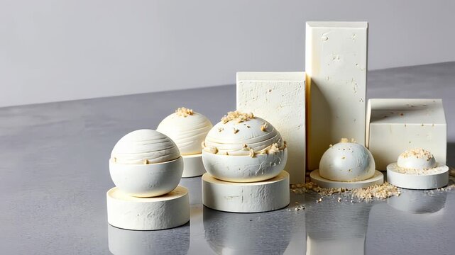 Artfully Arranged Assortment of Gourmet White Chocolate Confections on a Reflective Surface Showcasing Geometric Shapes and Elegant Presentation