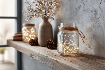 glass jar filled with tiny glowing lights sits elegantly against textured wall radiating warmth