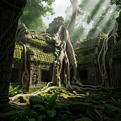 Ancient temple ruins in a lush jungle, with massive tree roots intertwining with stone structures and sunlight filtering through the canopy.