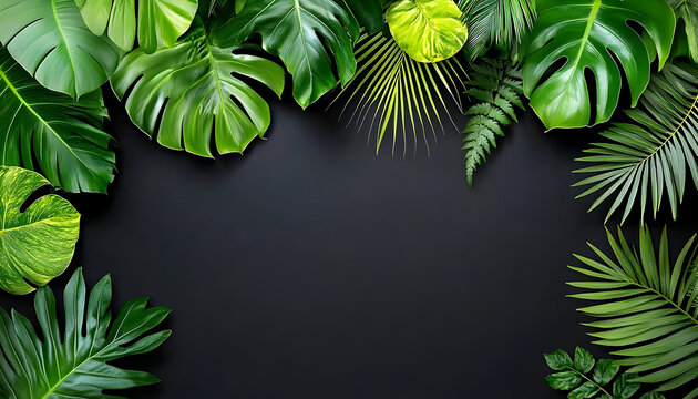 Lush Green Tropical Leaves Frame a Dark Background, Nature's Bea
