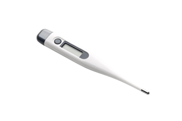 Digital thermometer with LCD display and power button, isolated on a transparent background