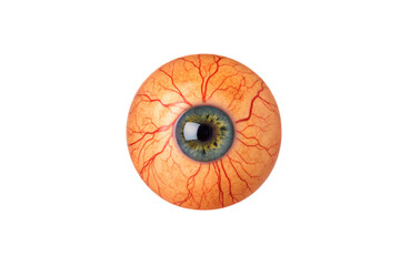 Obraz premium Realistic human eyeball with visible blood vessels and green-brown iris, isolated on a transparent background