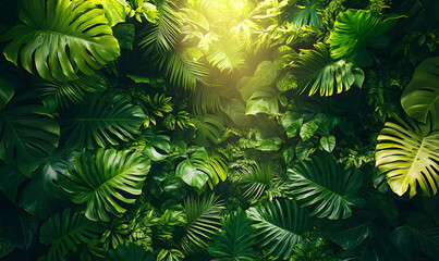 Fototapeta premium Lush Greenery: Sunlight Illuminates Tropical Leaves in Dense Fol