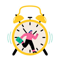 Business woman runs in wheel, deadline and stressful task, time. Management concept. Flat vector illustration isolated on white background