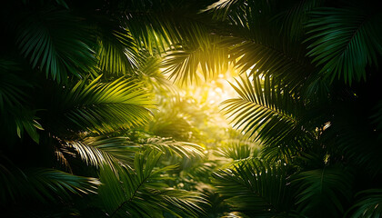 Sunlight Piercing Lush Green Palm Fronds in Tropical Forest Cano