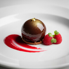 Elegant chocolate sphere dessert with glossy glaze, gold leaf, fresh raspberries, and a vibrant red berry coulis on a white plate.