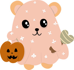 Cartoon of a little ghost hamster under a pink cloth
