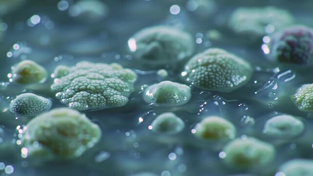 Close-up view of diverse microbial colonies growing in a viscous culture medium, showcasing various textures and colors in a scientific laboratory setting.