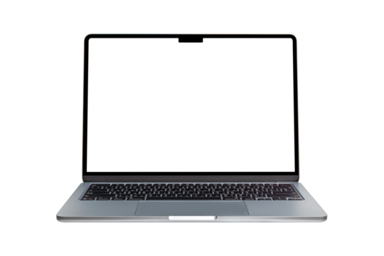 Laptop with customizable blank screen, isolated on transparent PNG. Perfect for themes in technology, business, finance, and advertising.