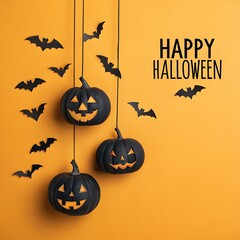 Three spooky black jack o lanterns hanging with flying bats on a bright orange background